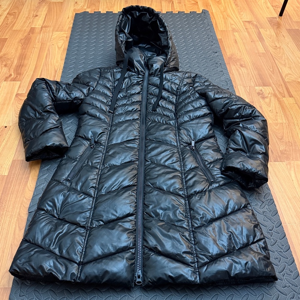 Sam Edelman Long Puffer Parka Jacket Size Small Black Removable Hood EUC!